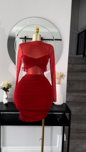 Red ruched mesh mini dress