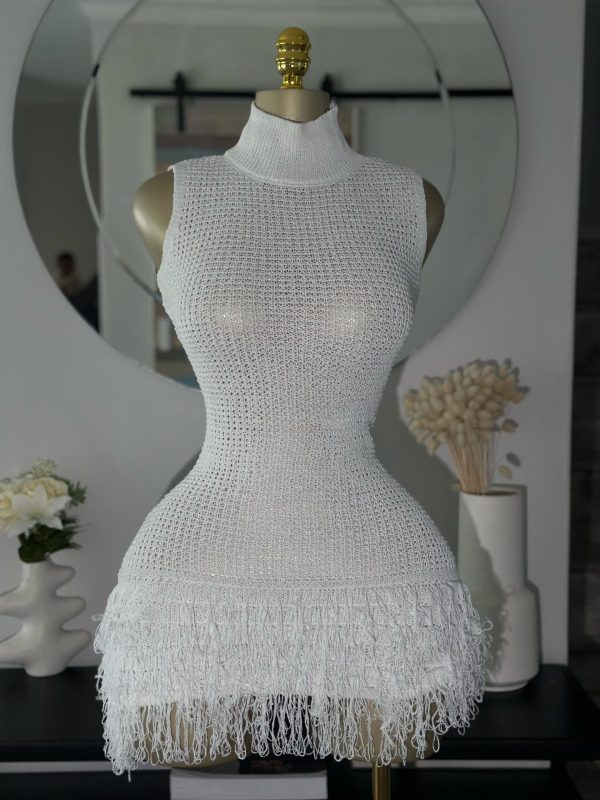 White knitted fringe dress