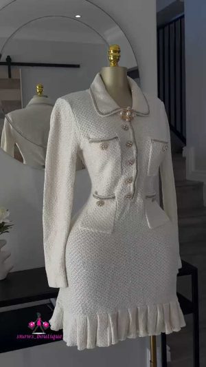 Glistening tweed white dress with detachable brooch