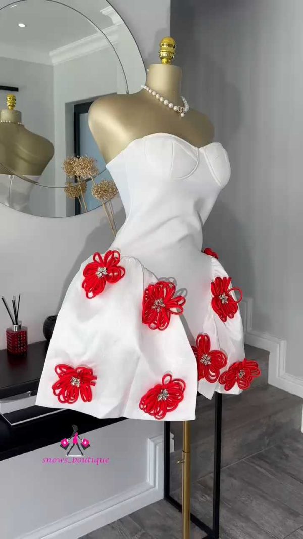 White bandage flared dress with Red crystal embellished roses