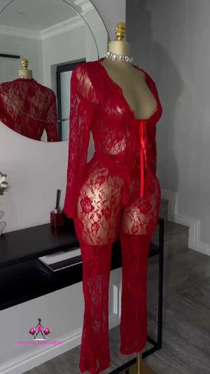 Red mesh lace pant set