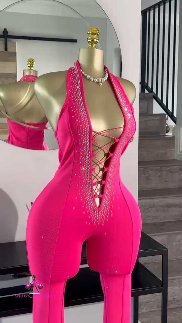 Pink bandage open back rhinestone embellished jumpsuit